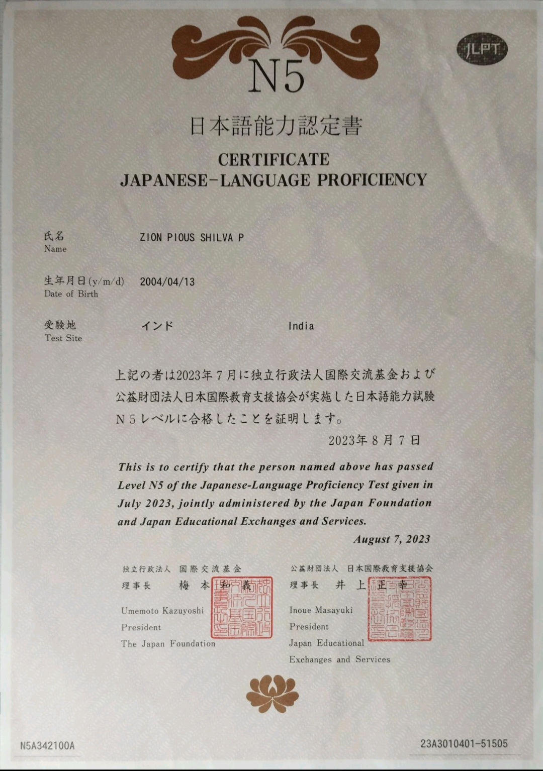 JLPT N5 Certificate